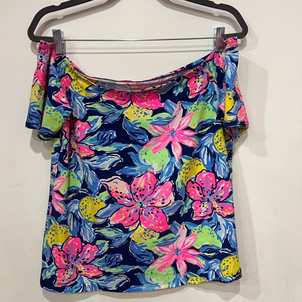 Lilly Pulitzer Pink and Blue Floral Off-Shoulder Blouse
